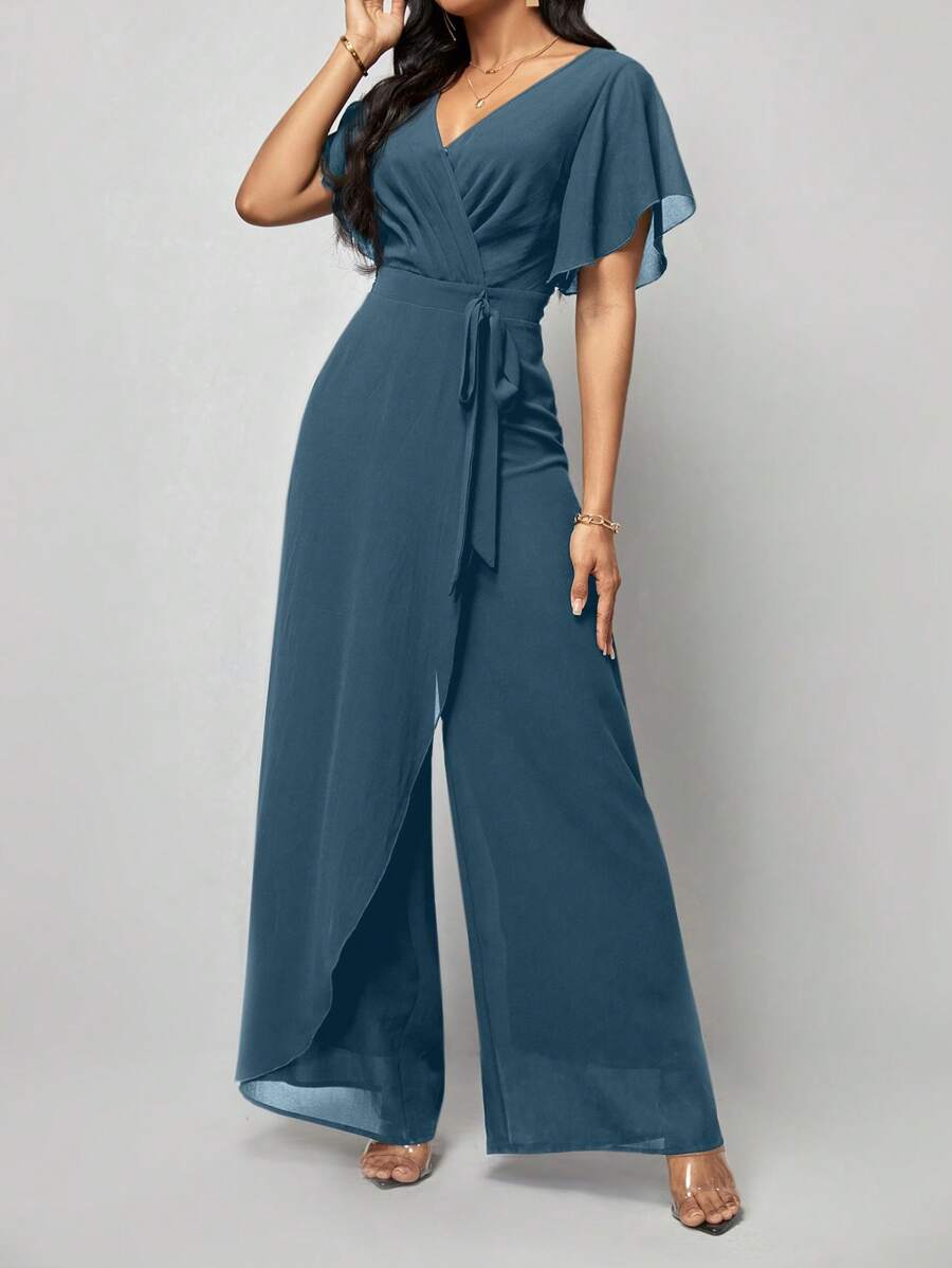 SHEIN Clasi 荷葉袖包身腰帶寬腳連身褲 - 水鴨藍 - 查看 1