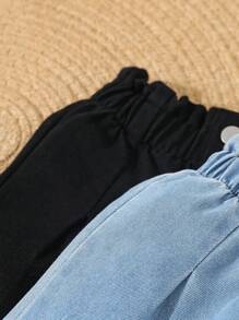 SHEIN 女婴两件套纸袋腰纽扣牛仔裤，时尚秋冬款 - 彩色 - 查看 4