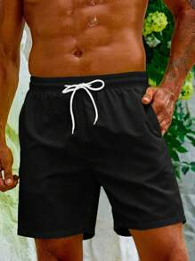 ZELFYO 男士抽绳腰纯色宽松休闲沙滩短裤男士沙滩装男士沙滩装男士游泳短裤长滩装男士 - 黑色 - 查看 3