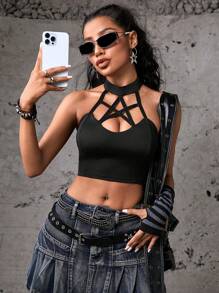 SHEIN Sports 肚裸運動短背心 - 黑色 - 查看 1