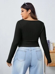 SHEIN EZwear Women's Plus Size Knitted Long Sleeve Solid Color Slim Fit T-Shirt With Square Neckline