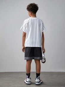 SHEIN Tween Boy Striped Printed Knit T-Shirt & Colorblock Drawstring Shorts 2pcs/Set
