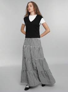 Easelle Plaid Print High Waist Ruffle Hem Skirt