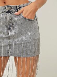 Denimoi Women's Denim Skirt With Rhinestone Fringe Trim - Light Wash - View 2