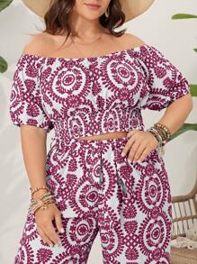 SHEIN VCAY Plus Size Women's Floral Pattern Off Shoulder Top And Pants Set Summer Two Pieces Outfits - Red Violet - View 4