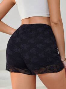 Miss Vinta 女士简约纯色蕾丝装饰短裤，适合日常穿着 - 黑色 - 查看 2