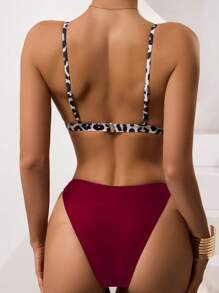 SHEIN Swim Leopard Trim Fashion Swim Top & Triangle Thong Bikini Set Summer Beach - Burgundy - View 2