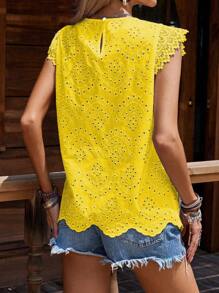 EMERY ROSE Women's Woven Embroidered Flutter Sleeves Lace Trim Blouse (Random Embroidery Pattern) - Yellow - View 2