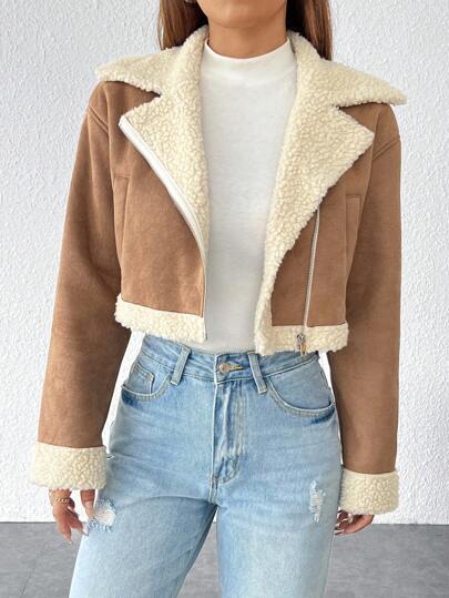 SHEIN PETITE 秋冬連帽茄克摩托車夾克，熊貓毛線衣裡裏，卡其色，帶拉鍊