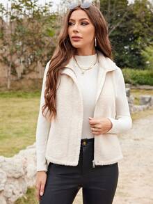 RELISH NOLESS Women's Solid Color Minimalist Sleeveless Fleece Jacket - Beige - View 4