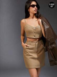 Hauture Conjunto de duas peças de blusa e saia de sarja com botões - Castanho - Ver 8
