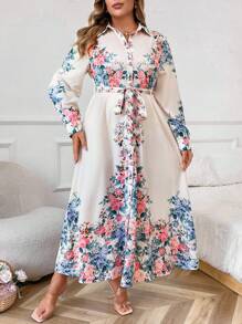 Celure Plus Size Floral Printed Belted Casual Loose Long Sleeve Dress Maxi Women Outfit Fall Cloth For Women