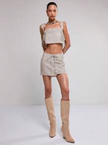 MUSERA Square Neck Lace Up Corset Top Going Out Tops - Light Grey - View 4