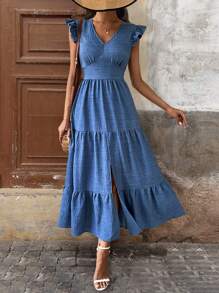 SHEIN Clasi Vestido largo con efecto de mezclilla, escote en V y mangas acampanadas clásicas - Azul - Ver 3