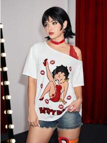 Betty Boop | ROMWE Cartoon Character And Lips Print Lace Splicing Asymmetrical Shoulder T-Shirt, Summer