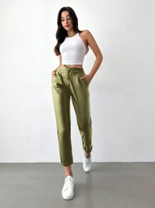 EURMUSE Women's Metallic Fabric Front Knot Long Pants - Green - View 6