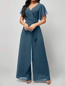SHEIN Clasi 荷葉袖包身腰帶寬腳連身褲 - 水鴨藍 - 查看 5