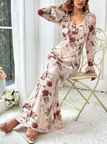 Firerie Women's Romantic Floral Printed Long Sleeve Dress, With Ruffle Hem,Long Flared Sleeve Dress,Fishtail Hem Long Dress,Fall Dresses,Homecoming Dresses,Boho Dress,Elegant Dress For Daily, Commuting, Holiday, Party, Dating