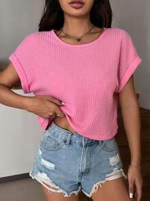 SHEIN EZwear Top corto rosa sólido con dobladillo ajustado - Rosa - Ver 4