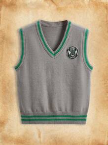 HARRY POTTER X SHEIN Chaleco de jersey gris clásico con cuello en V suave y cálido y aplique de parche de logotipo de Slytherin Plus, adecuado para uso diario y visita a Universal Studios - Gris - Ver 1