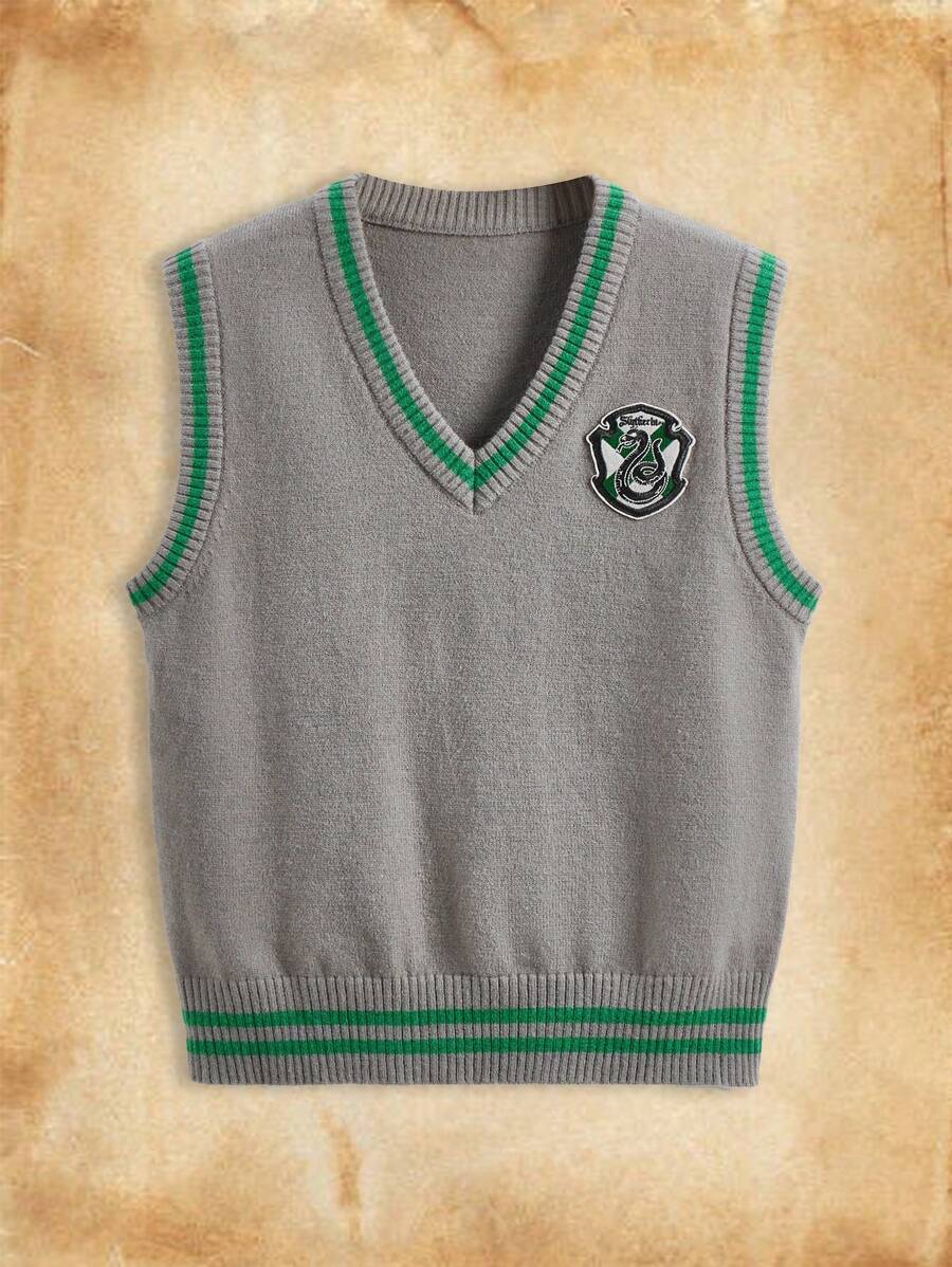 HARRY POTTER X SHEIN Chaleco de jersey gris clásico con cuello en V suave y cálido y aplique de parche de logotipo de Slytherin Plus, adecuado para uso diario y visita a Universal Studios - Gris - Ver 1