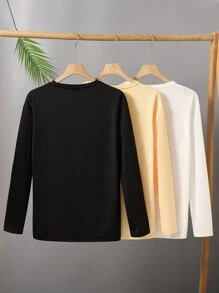 SHEIN 3 件青少年男孩基础款长袖 T 恤，休闲运动打底衫