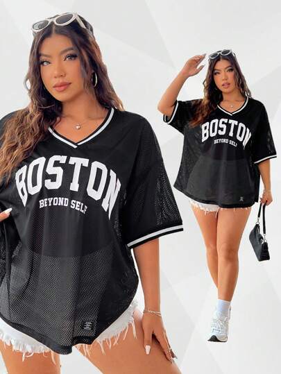 SHEIN EZwear 大码撞色字母图案网眼 T 恤，夏季