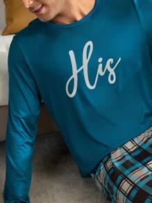 Men's Casual Plaid Print Top & Pants Homewear Two-Piece Set, Fall Winter Clothes