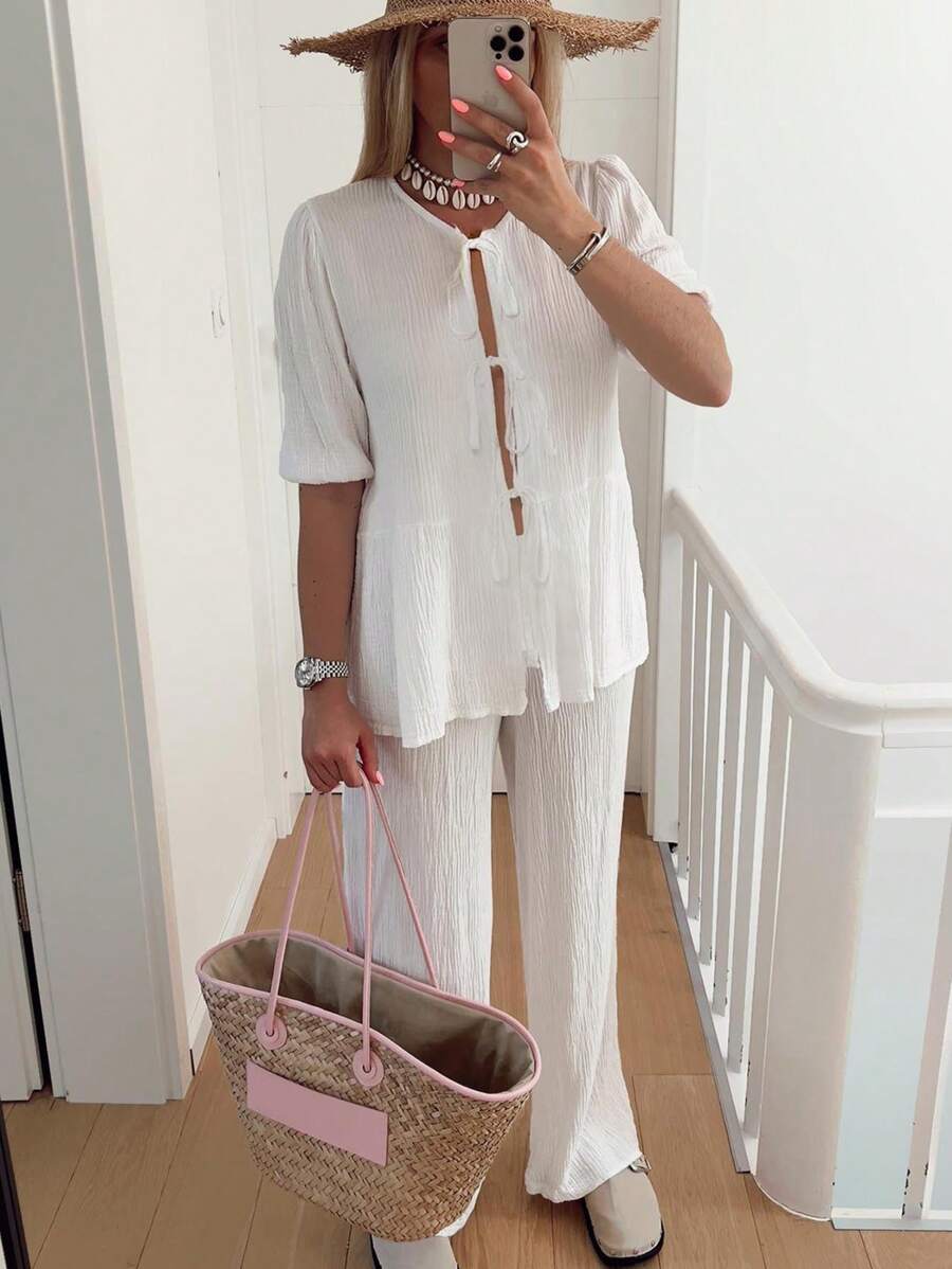 SHEIN LUNE 2024 Spring And Summer White Plain Textured Fabric Bow-Tied Loose Puff Sleeve Shirt + Casual Elastic Waist Wide-Leg Pants Set - White - View 1