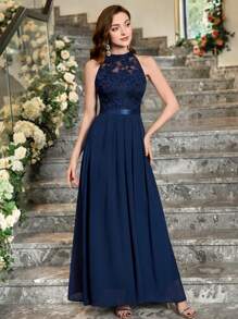 MIUSOL Halter Neck Lace Pleated Hem Chiffon Formal Party Dress