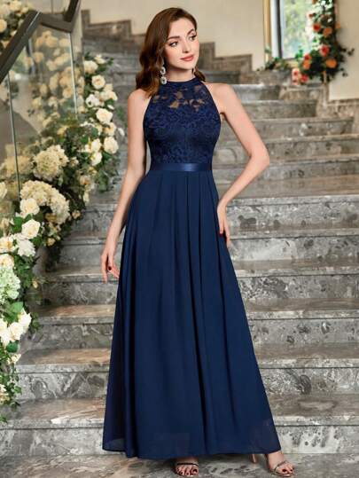 MIUSOL Halter Neck Lace Pleated Hem Chiffon Formal Party Dress