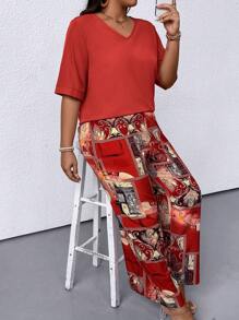 Conjunto de 2 piezas de pantalones anchos de pierna ancha con estampado floral y blusa de manga corta con cuello en V de unicolor para mujer de talla grande para ropa de Año Nuevo - Rojo - Ver 3