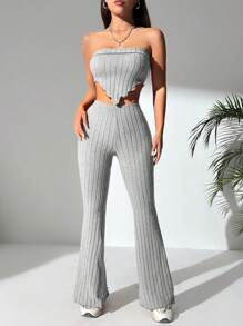 SHEIN PETITE Conjunto casual de verano para mujeres con top de banda asimétrico y pantalones acampanados en unicolor