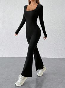 SHEIN PETITE Square Neck Flare Leg Black Jumpsuit - Black - View 1