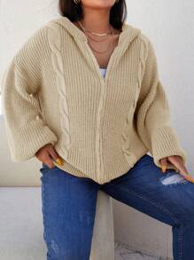 RueChic 大碼麻花編織落肩袖連帽開襟衫 - 駝色 - 查看 5