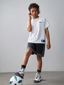 SHEIN Tween Boy Striped Printed Knit T-Shirt & Colorblock Drawstring Shorts 2pcs/Set