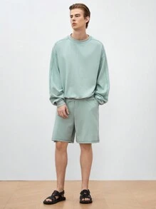 Manfinity INSISELF 2pcs Men's Knit Loose Casual Long-Sleeved Round Neck Pullover Sweatshirt And High-Waisted Straight Shorts Set, Suitable For Daily Wear