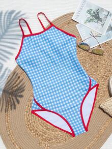女士假日格纹饰边肩带休闲连体泳衣，带随机印花图案，夏季
