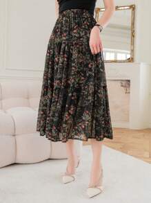 DAZY Falda con volantes con estampado floral diminuto, conjunto de ropa de vacaciones para mujer - Negro - Ver 9