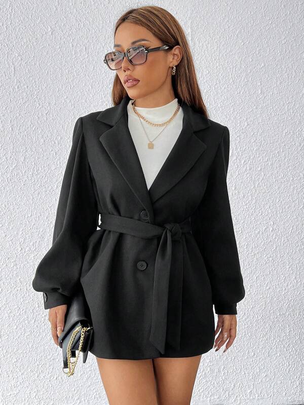 SHEIN PETITE Abrigo negro con solapas y lazos en la cintura