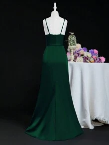 SHEIN 婚礼季节少女露肩开叉正式派对礼服，舞会/生日/婚礼派对 - 墨綠色 - 查看 2