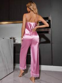 女士蕾丝拼接缎面吊带上衣和长裤睡衣套装