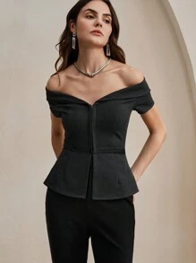 Anewsta Vintage French V-Neck Off-Shoulder Short Sleeve Slim Fit Top - Grey - View 4