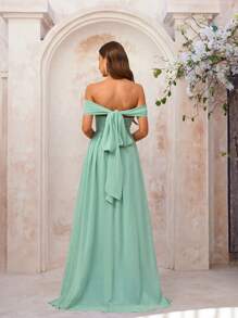 SHEIN Belle 優雅草綠色雪紡質地露肩連衣裙，前疊褶領口，後蝴蝶結，適合婚禮季、婚禮活動、正式伴娘禮服 - 綠色 - 查看 1