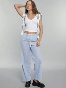 SHEIN EZwear 条纹亚麻女式低腰裤，夏季假期 - 藍白色 - 查看 5