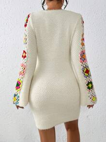 Chiquease Women's Colorful Embroidery Simple Daily Wear Sweater Dress Fall Winter Cloth For Women - Beige - View 2