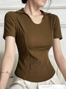 Mulvari T-shirt en maille côtelée unicolore pour l'été - Tabac - Voir 5