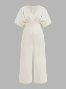 SHEIN Privé Plus Size Elegant Commuting Intellectual V-Neck Pleated Short Sleeve Jumpsuit With Long Pants - Apricot - View 1
