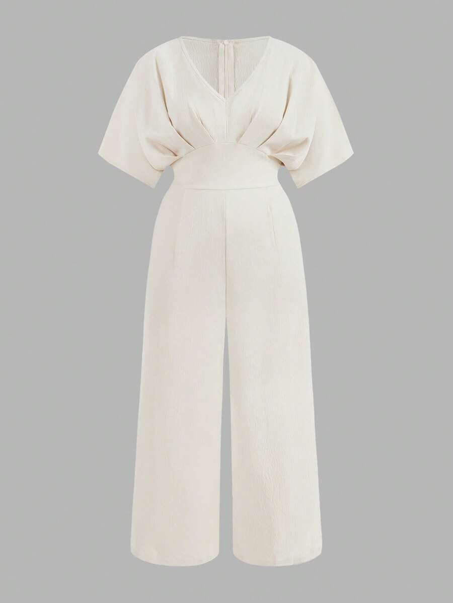 SHEIN Privé Plus Size Elegant Commuting Intellectual V-Neck Pleated Short Sleeve Jumpsuit With Long Pants - Apricot - View 1