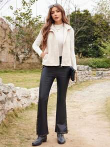RELISH NOLESS Women's Solid Color Minimalist Sleeveless Fleece Jacket - Beige - View 5